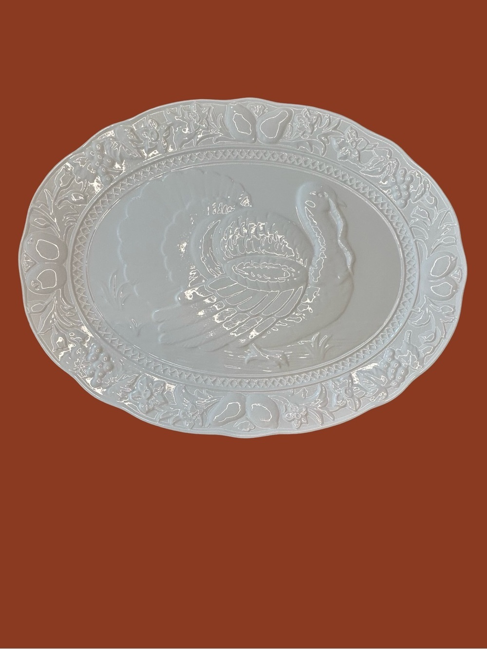 VTG white traditional turkey platter scalloped fruit & vegetable border Japan